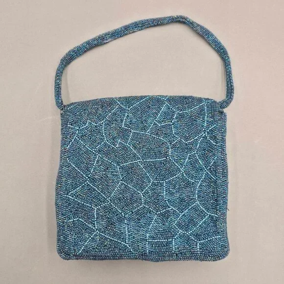 VTG Beaded Purse Made in Japan Blue Mosaic Iridescent Evening Bag Top Handle 60s - Picture 6 of 14